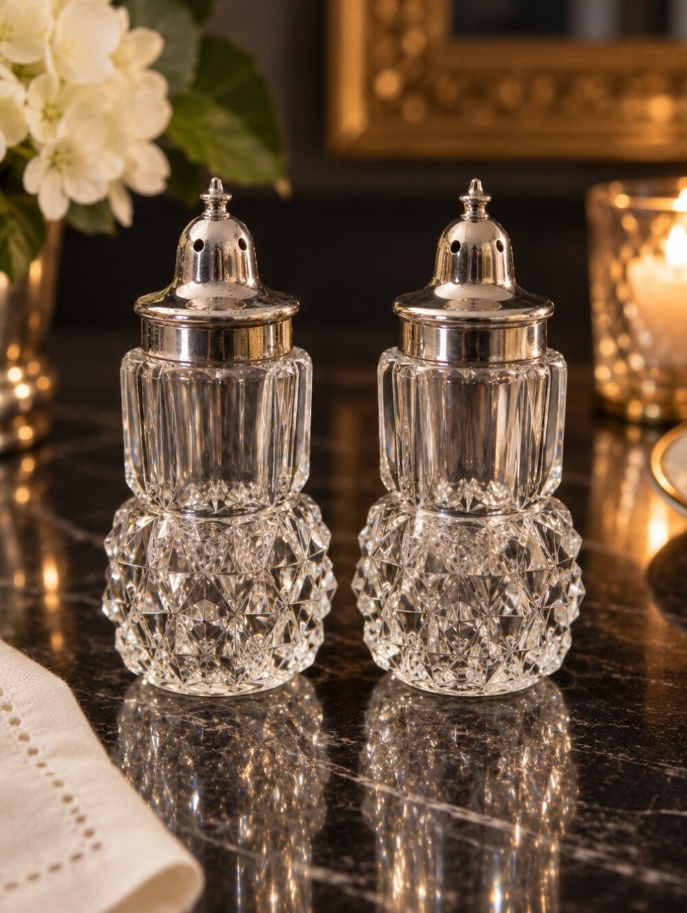 Vintage Faceted Crystal Glass Salt Pepper Shakers Silver Tone Diamond Point Pair